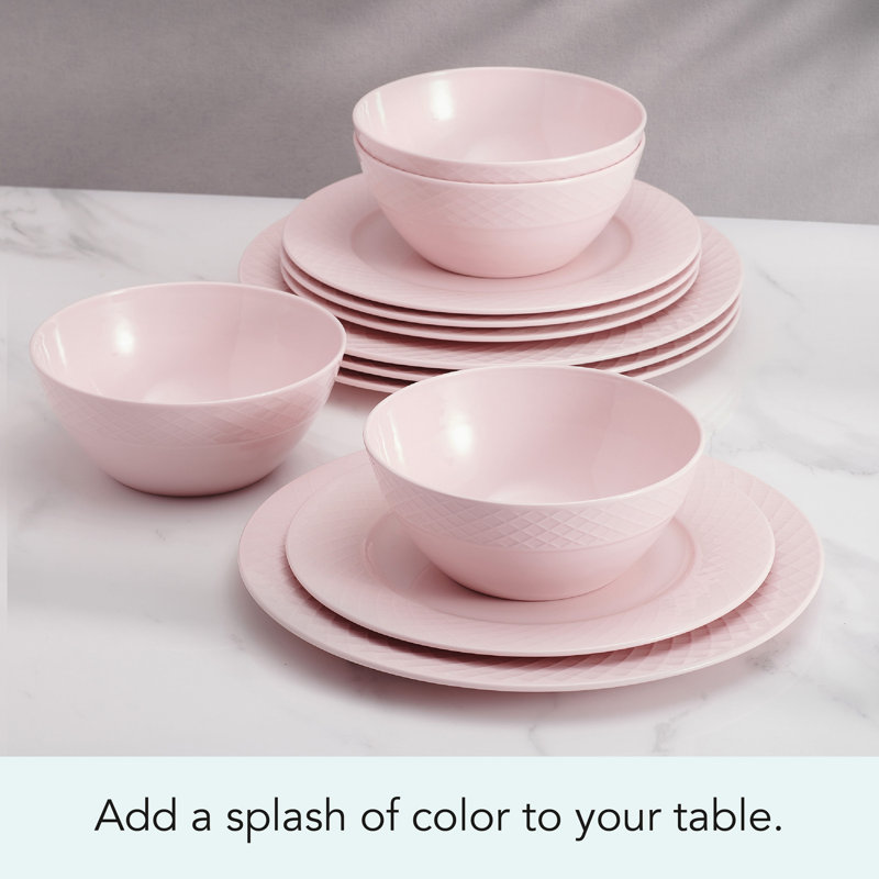 Trellis Pink 12-Pc Dinnerware Set, Service For 4, Bone China