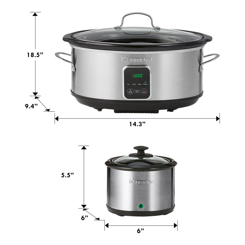 Kenmore 7 pte Mijoteuse programmable avec chauffe-benne, minuterie numérique, 4 réglages de chaleur, pot en céramique amovible et couvercle en verre, acier inoxydable / noir