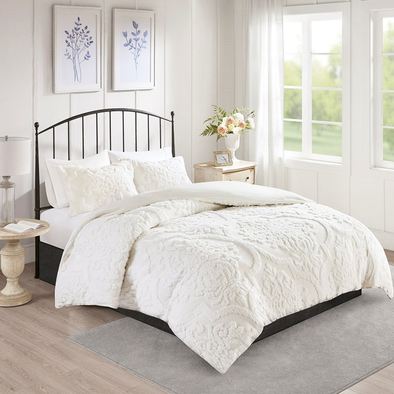 Ensemble de housse de couette en chenille de coton 3 pièces très grand / très grand en blanc, avec 2 taies décoratives, fermeture à boutons, attaches de coin, lavable à la machine, attrait élégant