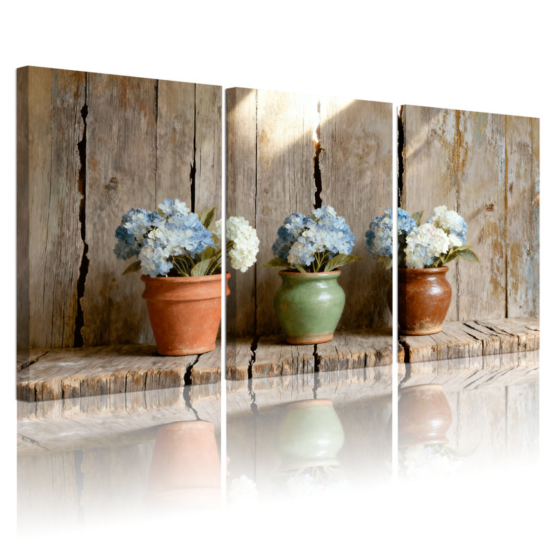 Fleurs d'hortensia en pots sur tablette en bois, ensemble de 3 impressions sur toile, H 30 po x l 60 po
