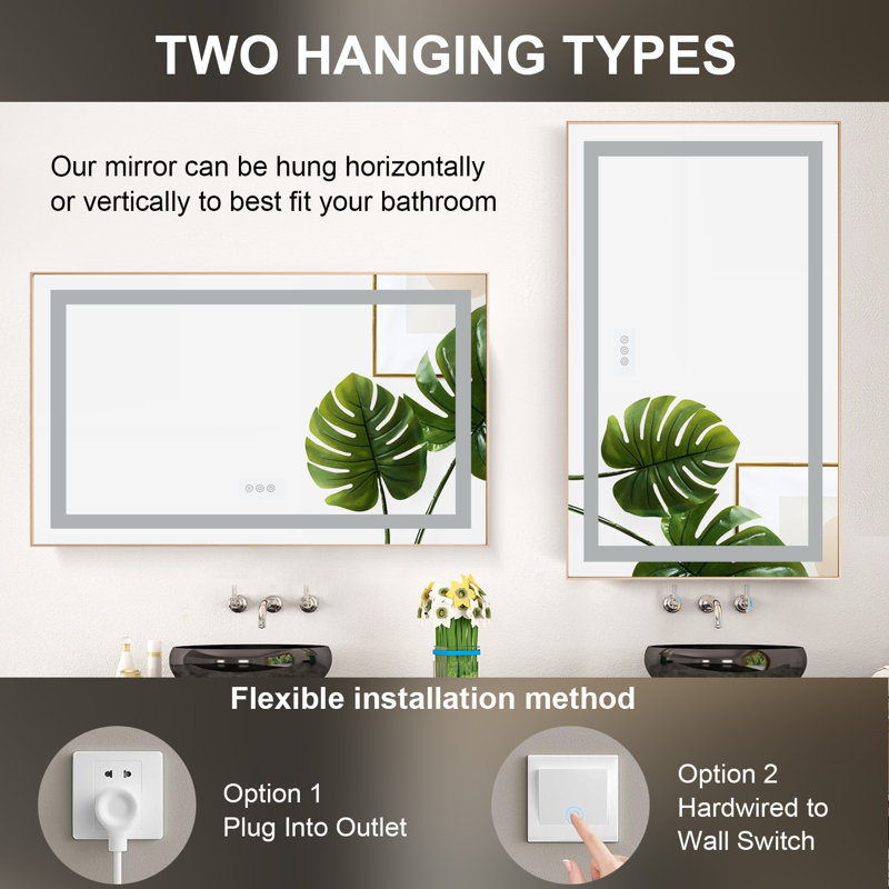 36"X24" Led Bathroom Vanity Mirror,Backlit And Front Lit,Multifunction,Wall Mounted,Brushed Gold, 24" x 36" 