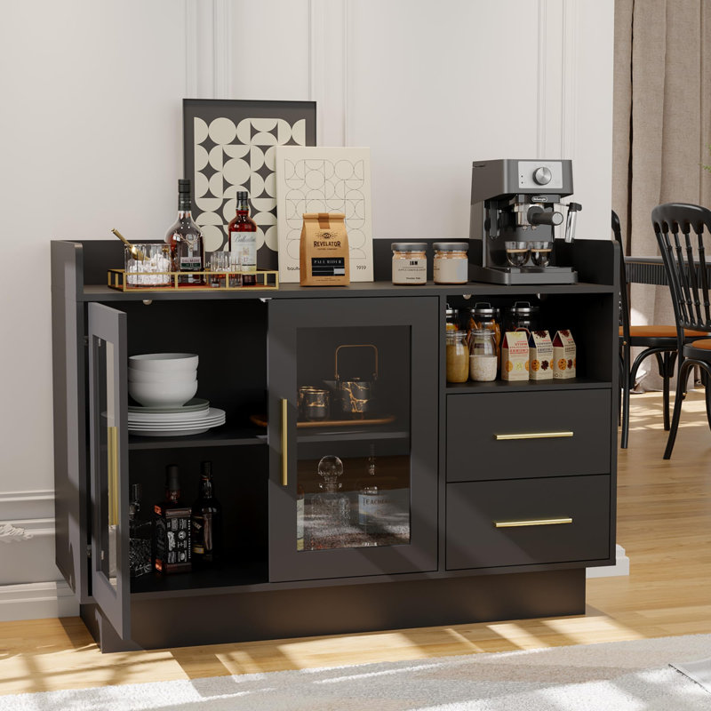 Armoire à vin avec lumières DEL, tiroirs, portes doubles en verre durables et conception anti-basculement, pour la cuisine, le salon, la salle à manger