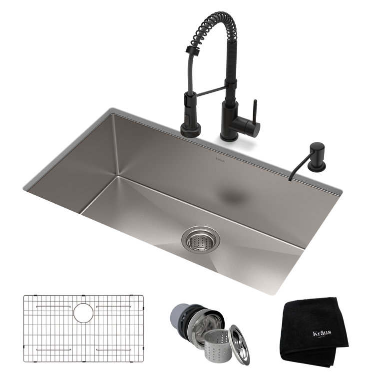 Kraus 32-in Standart Pro Kitchen Sink Combo Set with Bolden™ Kitchen Faucet and Soap Dispenser