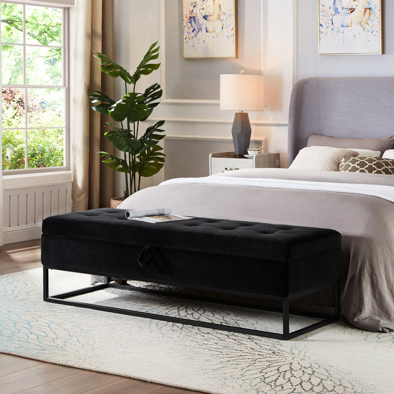 58,6 po Banc de tabouret de pied de couloir avec rangement, velours noir, banc de rangement moderne, rehausse la décoration intérieure