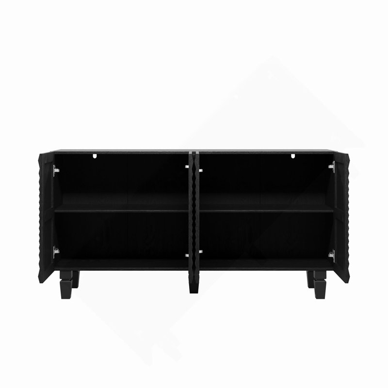 Buffet 59 po moderne avec 4 portes Sunburst, armoire de rangement avec pieds en bois massif, grande armoire de rangement pour la cuisine, la salle à manger et le vestibule