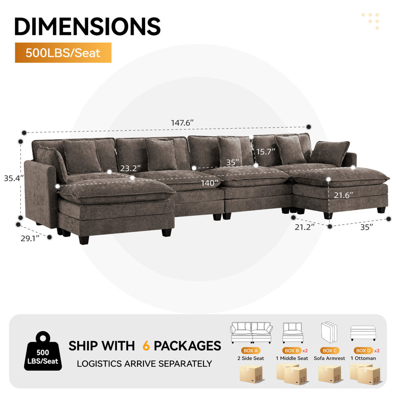 Chenille Upholstered Sectional Sofa Couch with Ottoman, Brown, 6