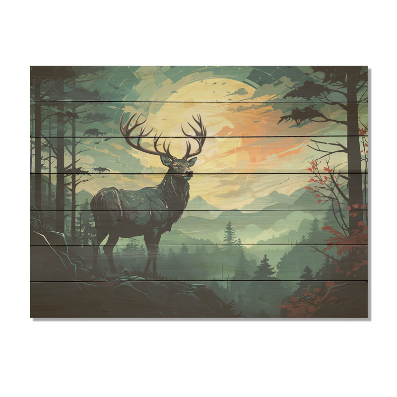 «Deer Sunset Landscape In Canada III» - impression d'un animal chevronné sur bois, H 34 po x l 44 po x P 0,78 po