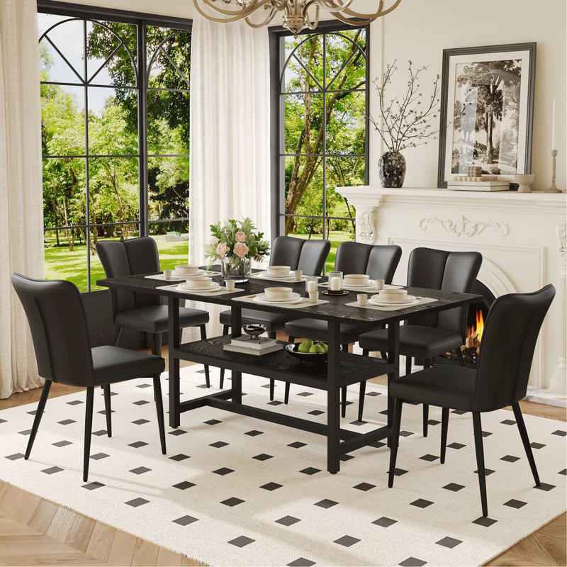 Ensemble de table et de chaises. Table de salle à manger 71 * 35,4 pouces à grain de bois noir avec fonction de rangement au milieu des pattes.