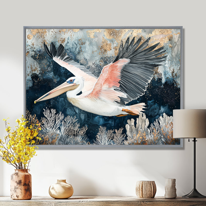 Audrinna pélican volant au-dessus de l'océan paysage - art mural pélican, Argent argent, H 12 po x l 20 po