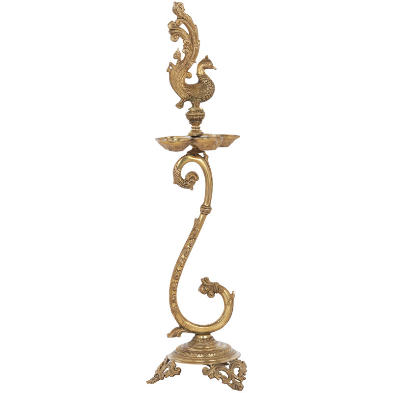 27" Brass Peacock Lamp with Winding Slender Stem – Handmade Indian Diya for Altar, Entryway, or Artistic Home Décor