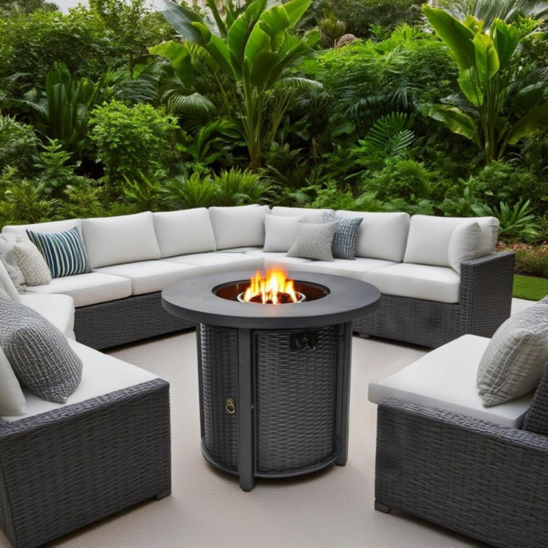 30inch Round Propane Fire Pit Table for Outdoor with Lid and Rocks 50000BTU