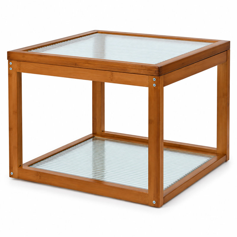 Petite table basse carrée, table à deux niveaux en bambou véritable et verre cannelé pour salon