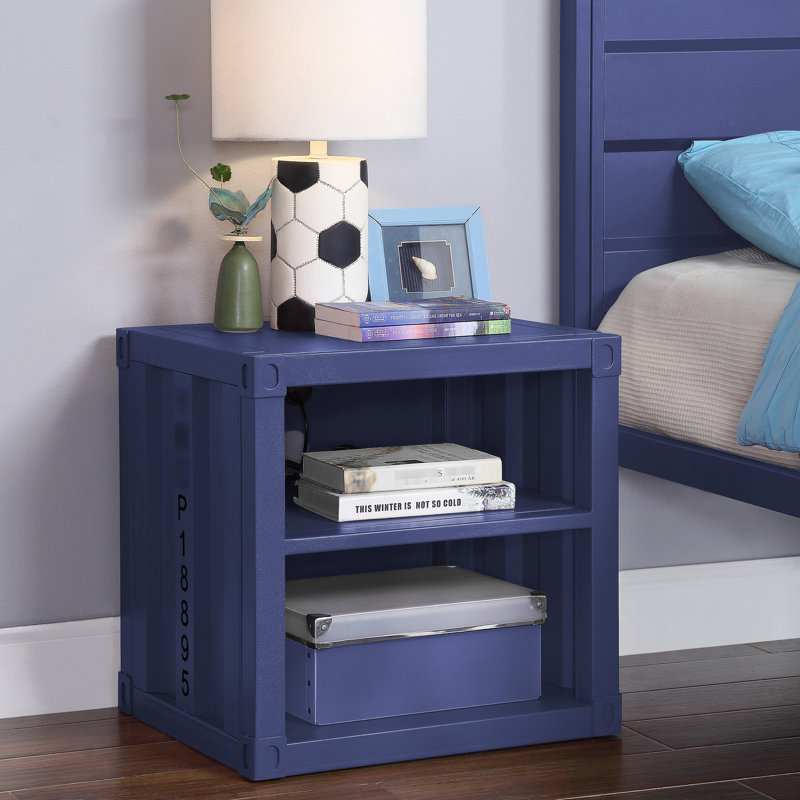 Table de chevet en métal pour chambre à coucher bleue - Design moderne avec tablettes ouvertes
