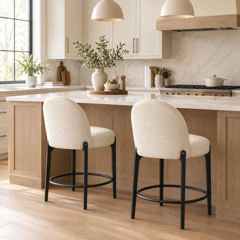 Tabouret de bar moderne rembourré de 51,6 cm de large avec dossier haut, revêtement en polyester texturé et pieds en métal noir