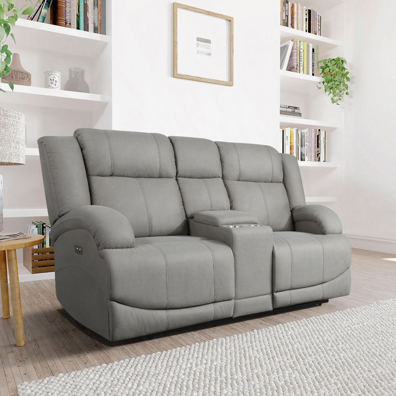 Malillany 70.5'' Transitional Microfiber Double Reclining Loveseat with Center Console, Tab Pull Motion, Blue Microfiber