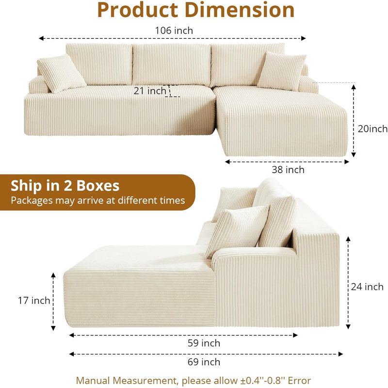 106"W Modern Sectional Sofa, L-Shaped Sofa With Chaise Lounge, Corduroy Fabric, Space-Saving, Convertible Compression Sleeper Sofa