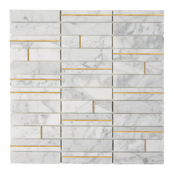 Gold Inlay White Carrara Stacked Mosaic Tile Backsplash