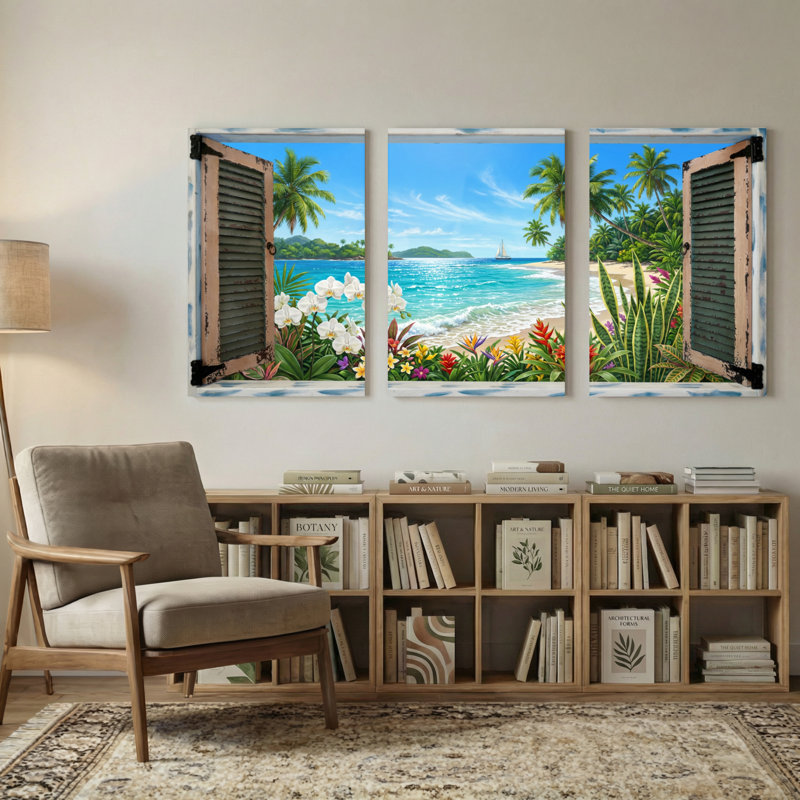 Paysage et nature Scène de plage tropicale avec palmiers et fleurs, H 18 po x l 36 po