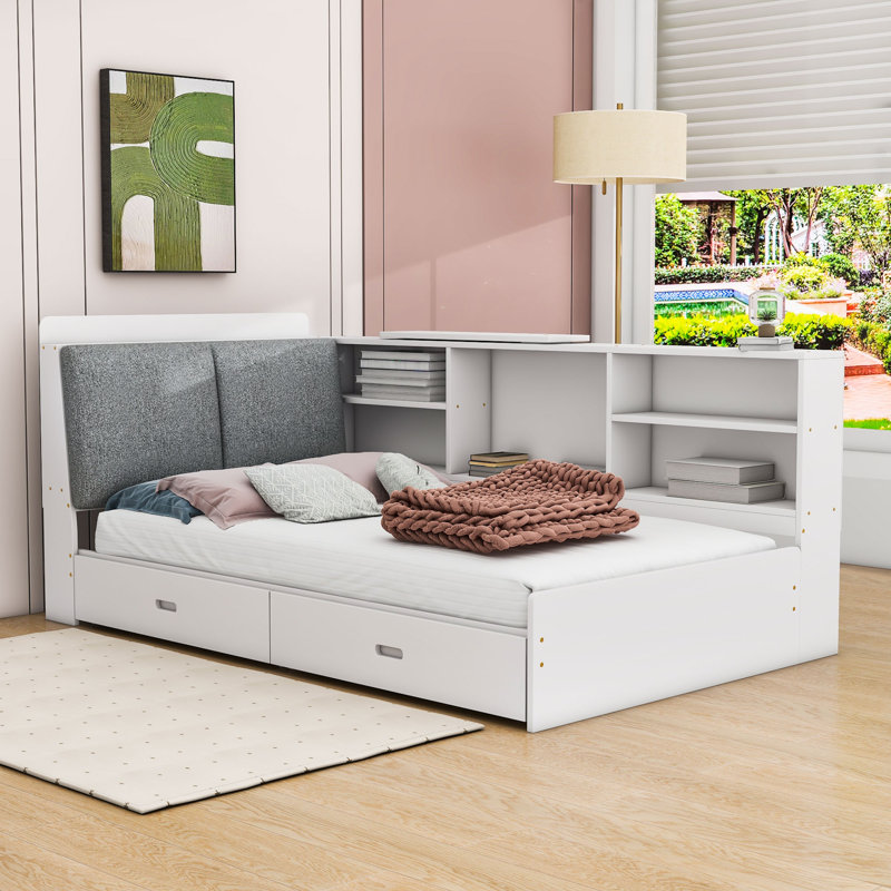 Lit plateforme simple en bois avec tablettes de rangement et 2 tiroirs Aryabella, Blanc