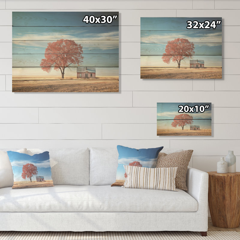 Paysage de prairie, paysage de prairies sur bois de pin naturel, H 24 po x l 32 po
