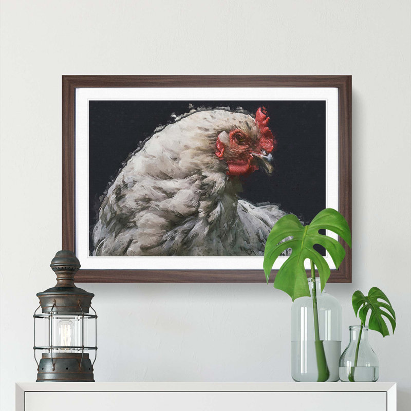 White Hen in Abstract - Picture Frame Graphic Art Print, 35cm H x 50cm W x 2cm D, Walnut