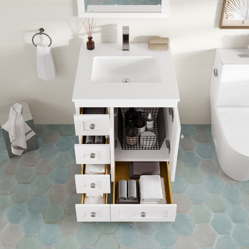 Acclaim 24 po Meuble-lavabo simple blanc avec comptoir en quartz Carrara et lavabo en porcelaine encastré, 24", Trou simple