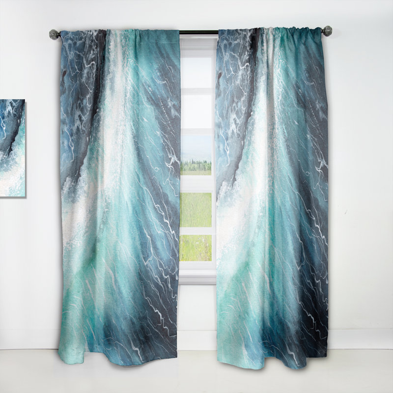 Abstract Curtain Panel, Ocean Waves Room Darkening Decor - Navy Blue Ocean Waves With White Seafoam I, 52" W x 95" L