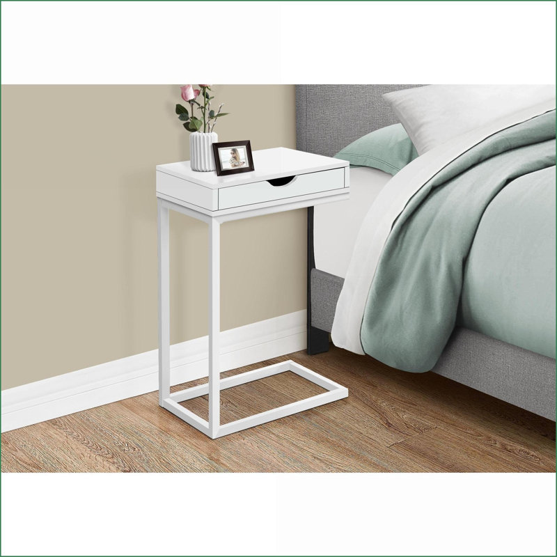 Stratifié blanc peu encombrant Table basse en métal en C pour salon / chambre à coucher avec tiroir de rangement