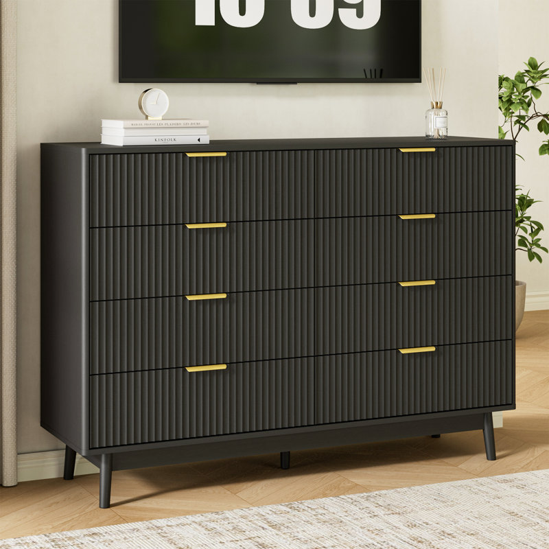 Fluted 8-Drawer Double Dresser For Bedroom, Curved Profile Design, Wood Drawer Organizer For Living Room, Hallway, Nursery, Hallway Closet