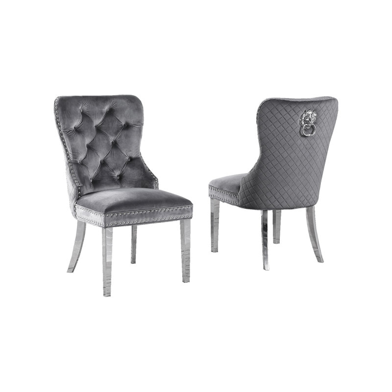 Chaise de salle à manger en velours 2 pièces Deprise Leo, Argent, Gris
