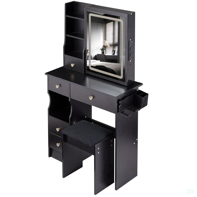29.2" Small Size Left Drawer Desktop Vanity Table + Cushioned Stool, Black