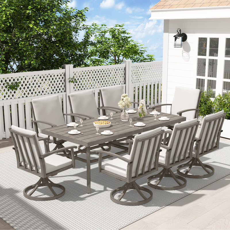 Whittlesey Rectangular Aluminum Dining Set with Cushions, 8, Gray