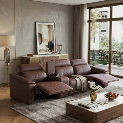 Modern Breathable Leather Power Recliner Sofa Set With Adjustable Headrest，3-Seat Reclining Sofa With Storage Console & USB Ports