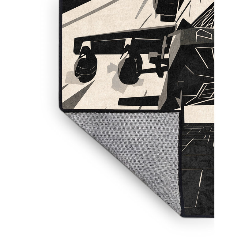 Machine Washable Mendon Attack Helicopter Industrial Geometric Rug in Beige – Black Binding, 6x9