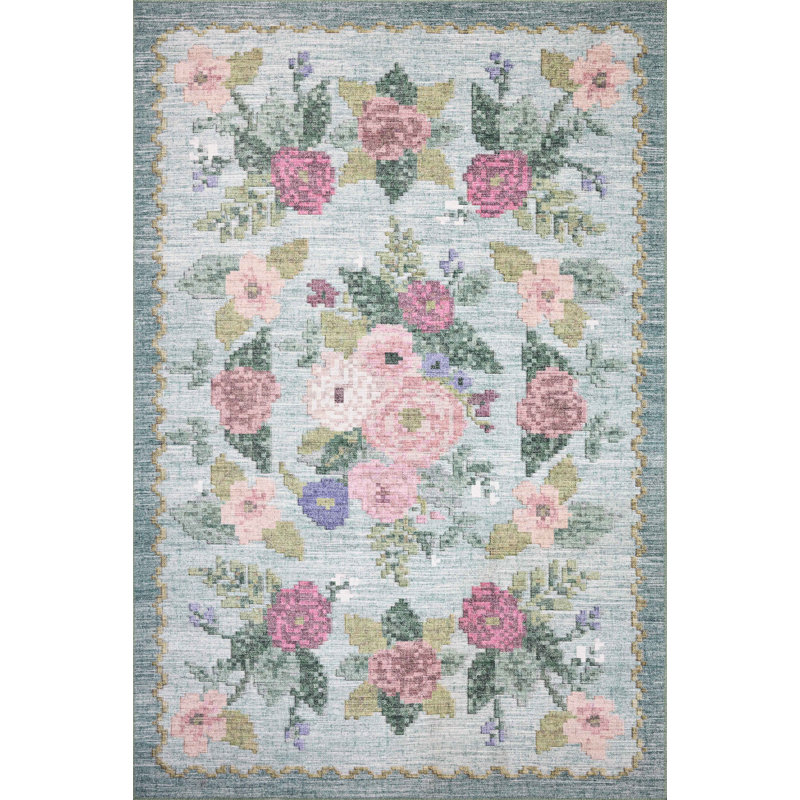 Sky Blue Floral Synthetic 7'-6" x 9'-6" Area Rug