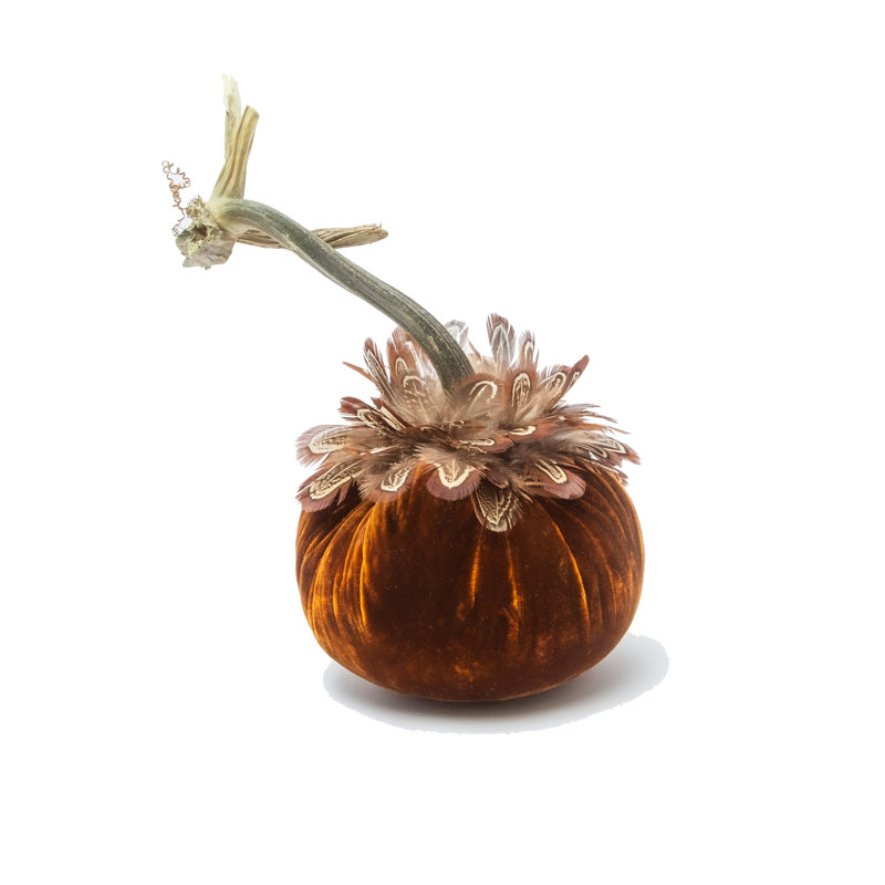 5" Bronze Pumpkin w/Pheasant Feather Collar