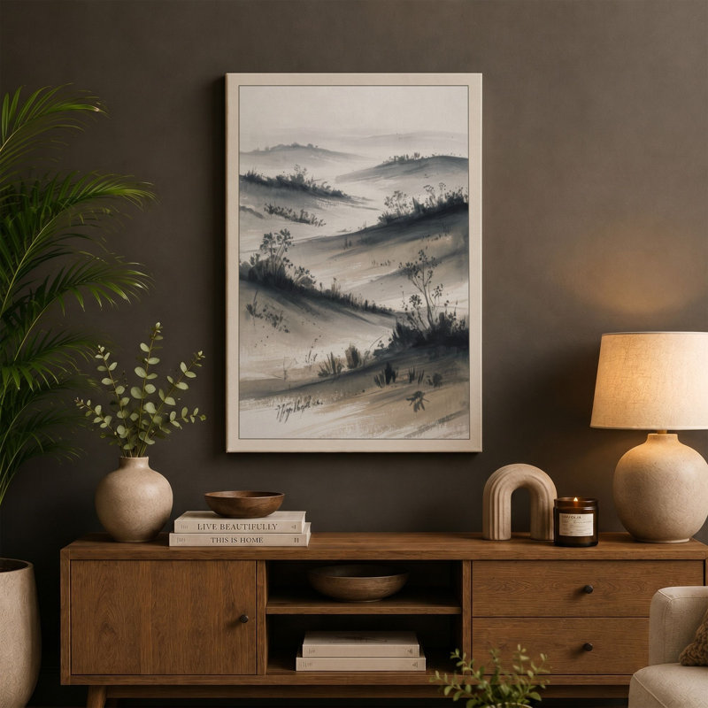 Misty Mountain Layers Japandi 1 Piece Wrapped Canvas Wall Art, 18x12 - 45.7 x 30.5 cm, Black Border
