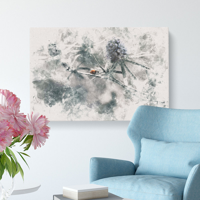 Ladybird Upon A Thistle Flower Watercolour - Wrapped Canvas Print, 50cm H x 76cm W x 3cm D