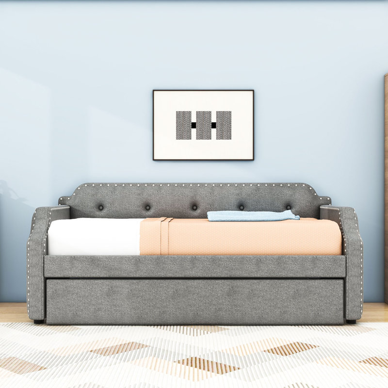 Twin-Size Linen Upholstered Daybed with Twin Trundle and Slats, Gray