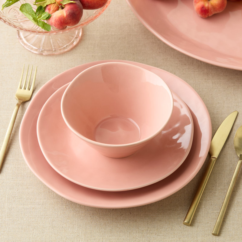 Assiettes en grès de 11 po Desert Rose - Assiettes modernes rose vif éclatant avec finition brillante - Vaisselle élégante pour tous les jours pour salades, plats, pâtes et réceptions - ensemble de 4