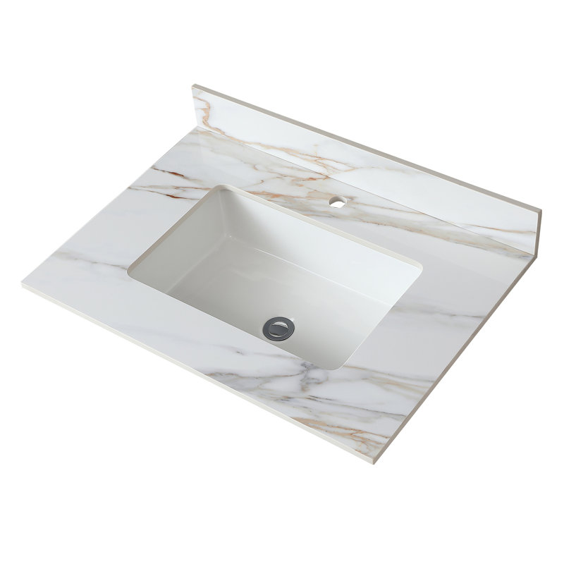 Dessus de meuble-lavabo en marbre, comptoir de salle de bain avec lavabo central encastré rectangulaire