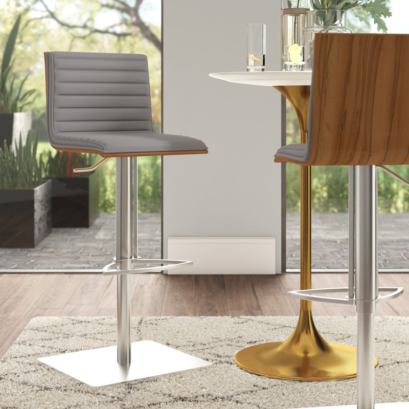 Framlingham Cafa Adjustable Swivel Walnut Wood and Stainless Steel Metal Bar Stool, Gray, Brushed Stainless Steel
