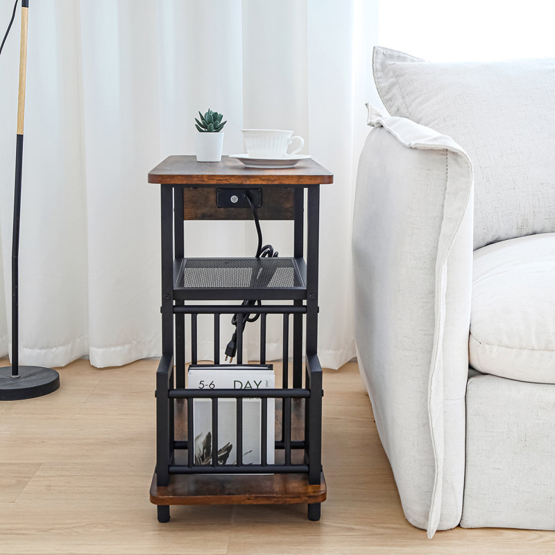 Brown Particle Board and Iron Side Table with USB Ports and Storage