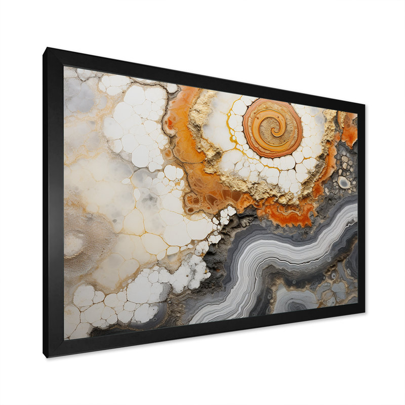 Géode de pierre beige et jaune sur toile, Cadre simple noir, H 34 po x l 44 po x P 1,5 po