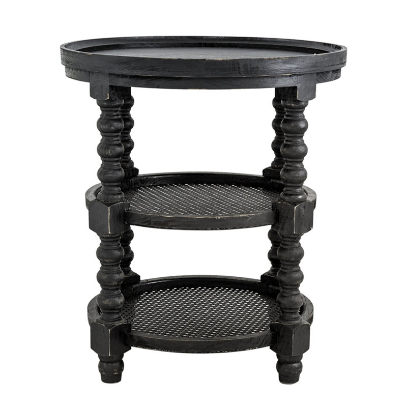 D23.5 x 25" Round Three Tiered Side Table with Rattan Shelf, Black, Black