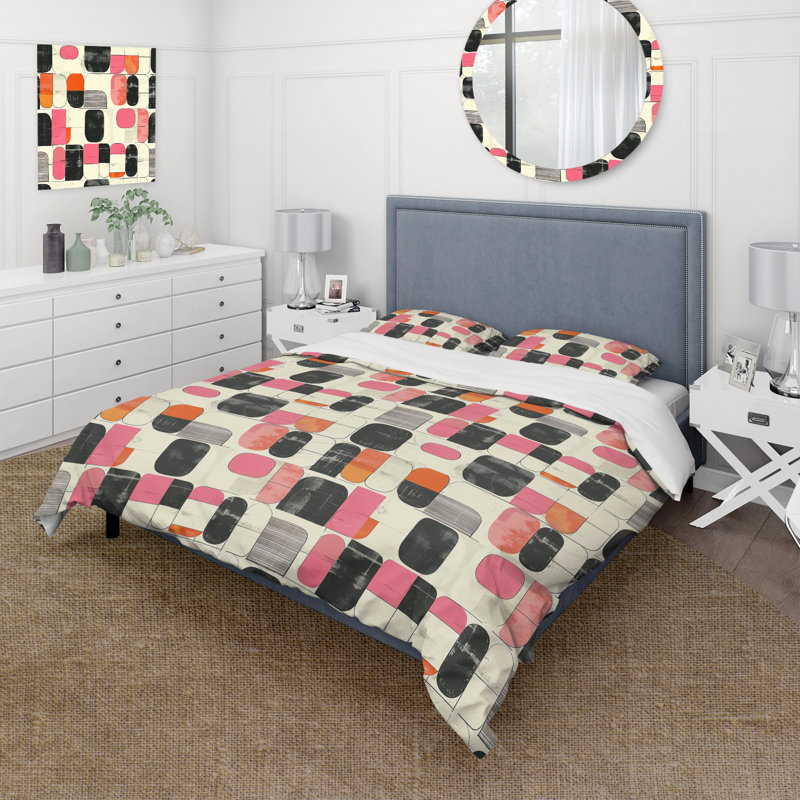 Ensemble de housse de couette rose et noir Midcentury Shapes, Housse de couette très grand et 2 très grandes t