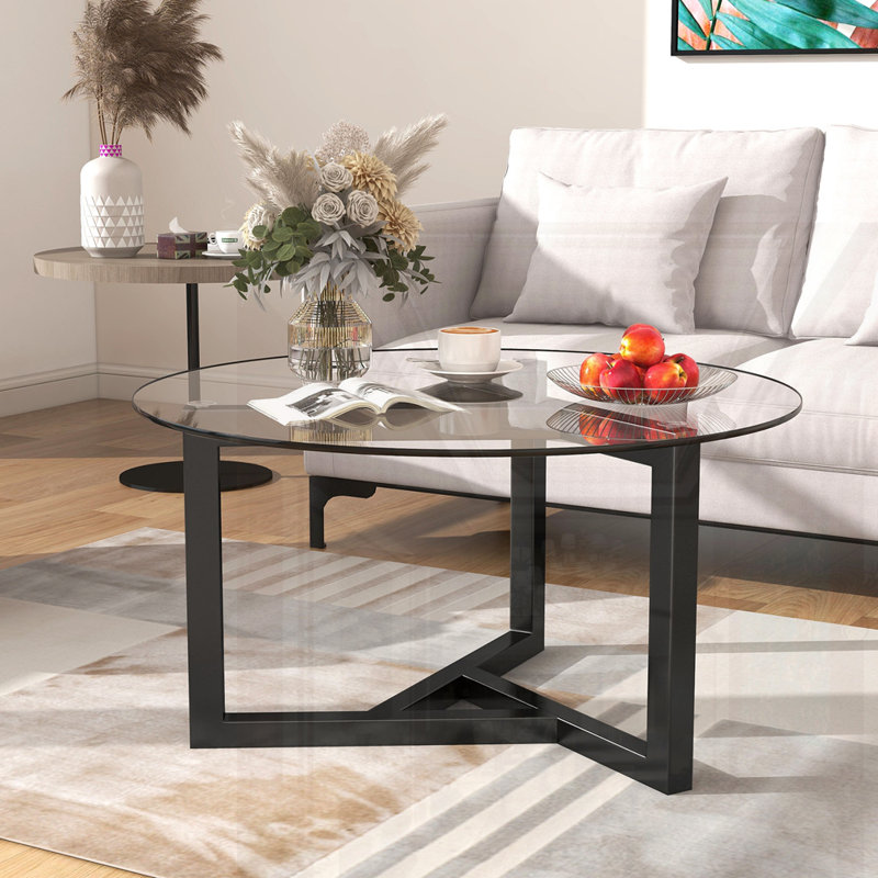 ON-TREND Round Glass Coffee Table Modern Cocktail Table Easy Assembly With Tempered Glass Top & Sturdy Wood Base (Black)
