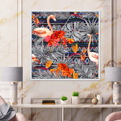 Flamant rose et fleurs exotiques oranges - peinture sur toile