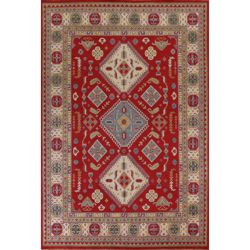 Tapis géométrique Kazak à motif géométrique rouge 9 x 12