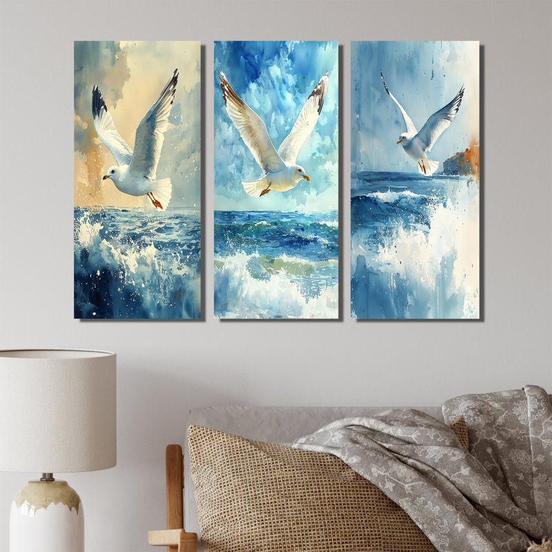 Watcher goéland au-dessus de la côte I - Collection de décorations murales oiseaux, H 28 po x l 36 po, Toile tendue